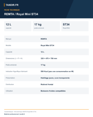 Distributeur de limonade réfrigéré REMTA Royal Mini ST34 - 12 L - caractéristiques techniques en français