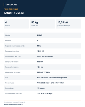 Machine à kebab gaz TANDIR DM 4C - 4 brûleurs, 50 kg - caractéristiques techniques en français
