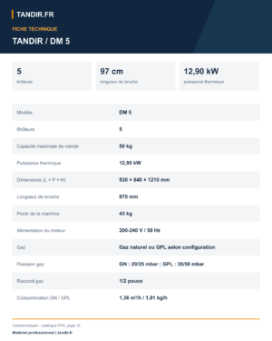 Machine à kebab gaz TANDIR DM 5 - 5 brûleurs, 50 kg - caractéristiques techniques en français