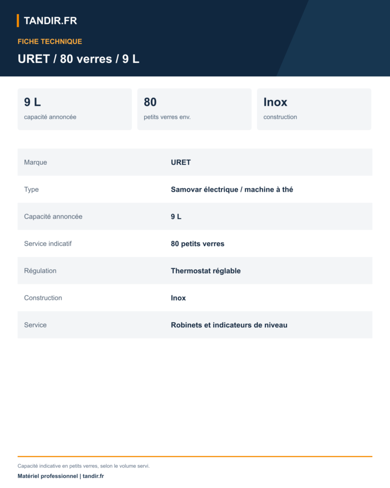 Samovar électrique URET 80 verres - 9 L inox - caractéristiques techniques en français